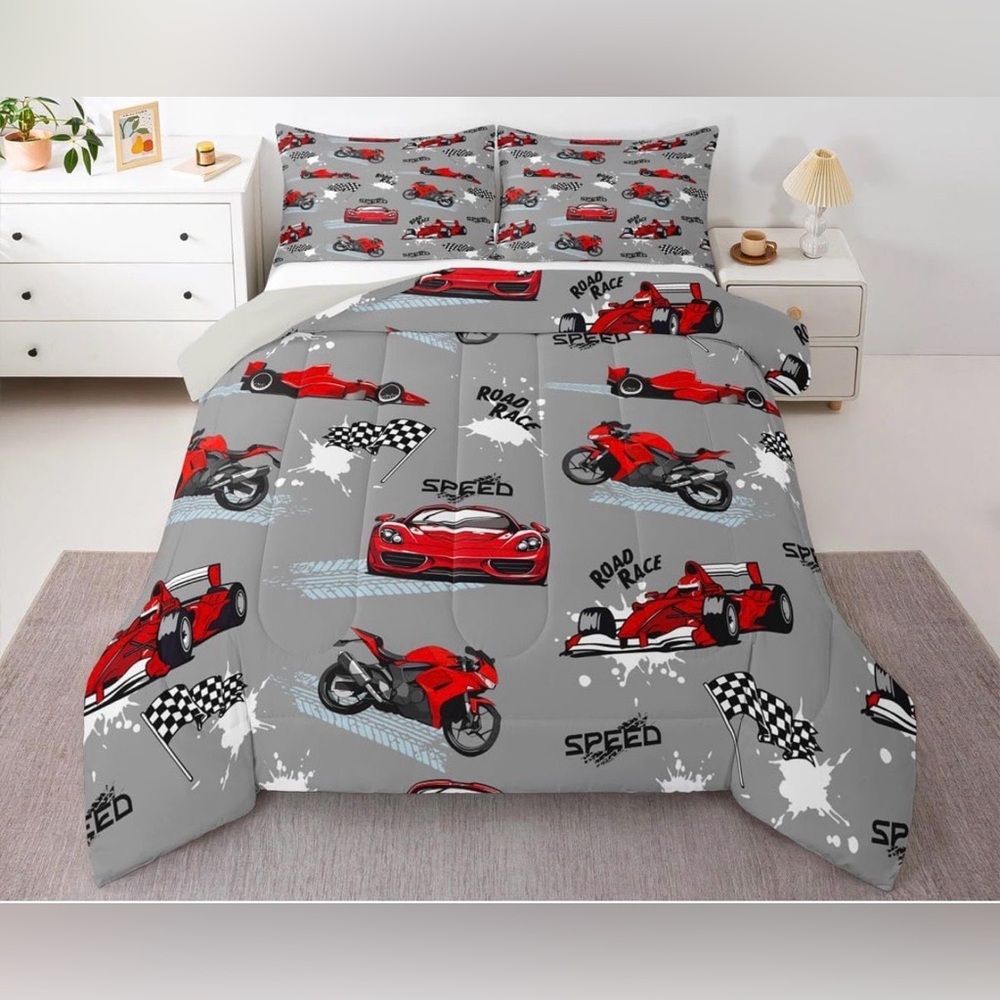 Racing Theme Gray and Red Comforter Set